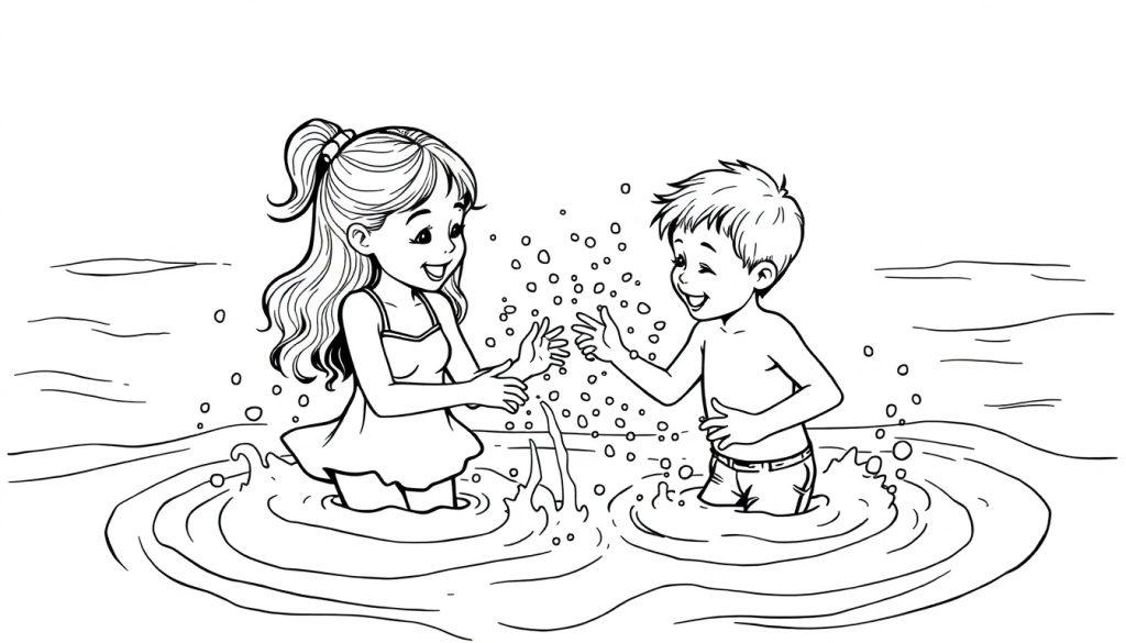 Kleurplaat van een meisje en jongen die in de zee spelen.