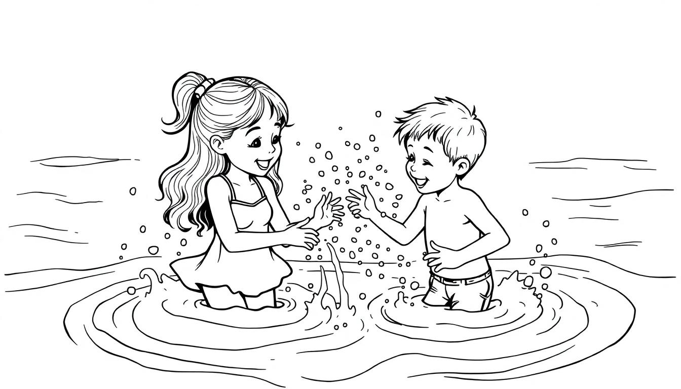 Kleurplaat van een meisje en jongen die in de zee spelen.