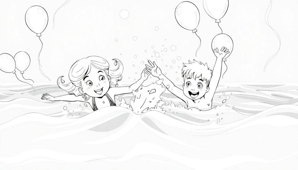 Kleurplaat van een meisje en jongen die zwemmen en spelen met ballonnen.