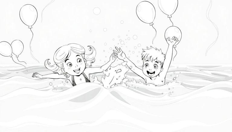Kleurplaat van een meisje en jongen die zwemmen en spelen met ballonnen.