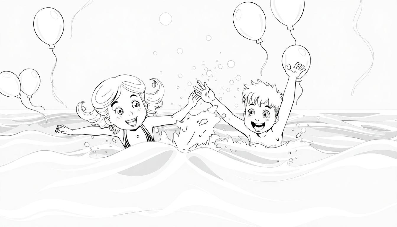 Kleurplaat van een meisje en jongen die zwemmen en spelen met ballonnen.