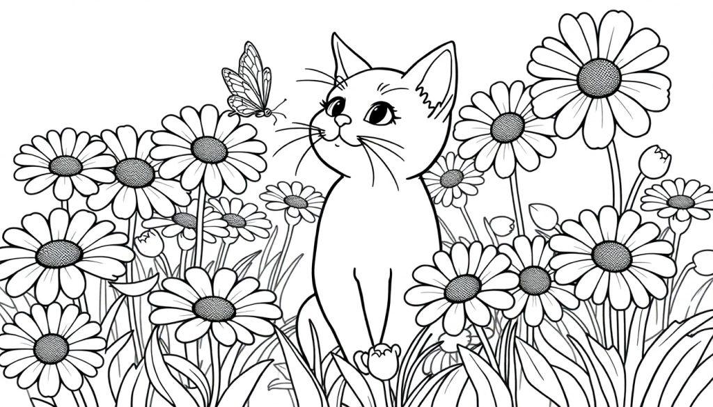 Kleurplaat van een kat in een bloemenveld met een vlinder.