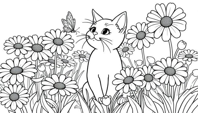 Kleurplaat van een kat in een bloemenveld met een vlinder.