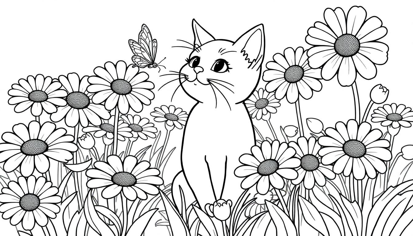 Kleurplaat van een kat in een bloemenveld met een vlinder.