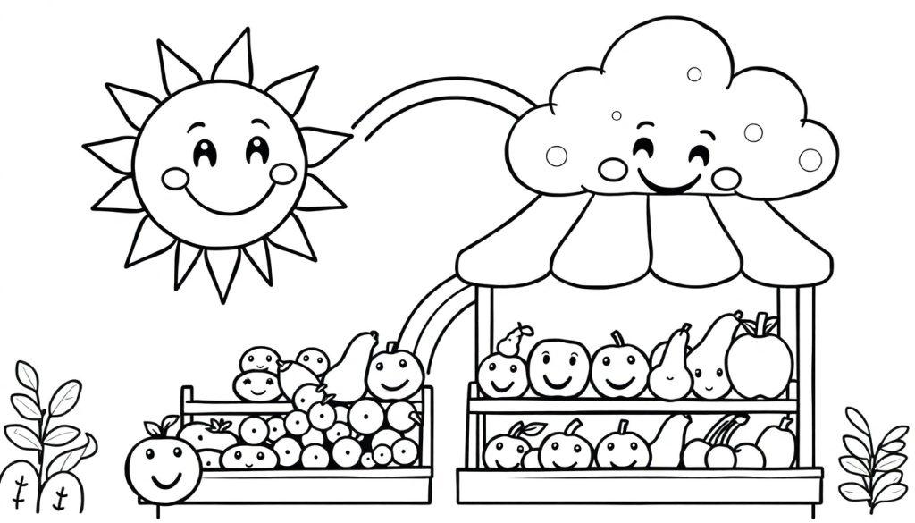 Vrolijke fruit kleurplaat met lachende zon en fruitkraam.