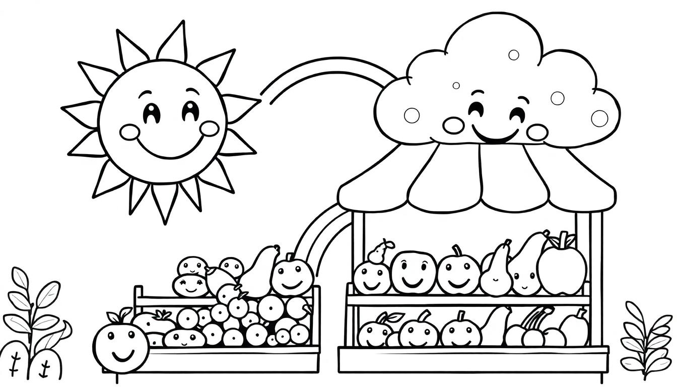 Vrolijke fruit kleurplaat met lachende zon en fruitkraam.