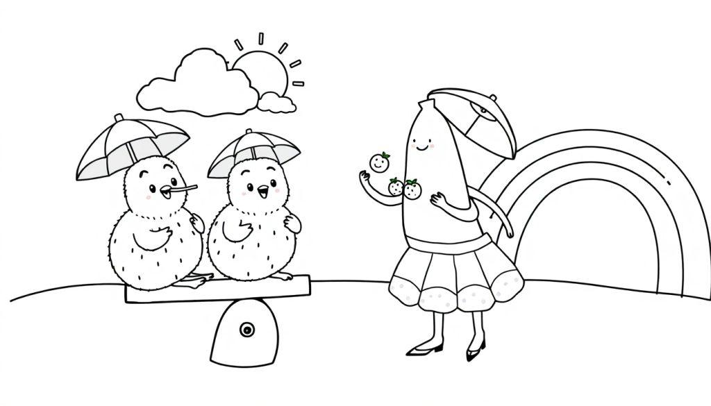 Kleurplaat van een banaan, appel, kiwi's, regenboog en zon.