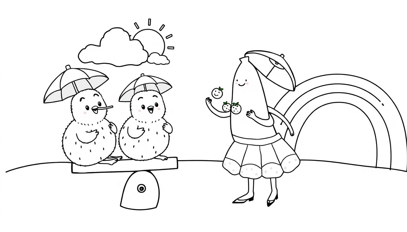 Kleurplaat van een banaan, appel, kiwi's, regenboog en zon.