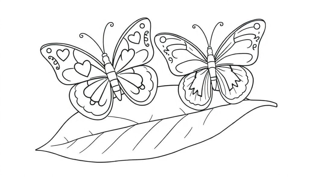 Kleurplaat van twee vlinders, een met hartjes en een met regenboogjes, op een blad.