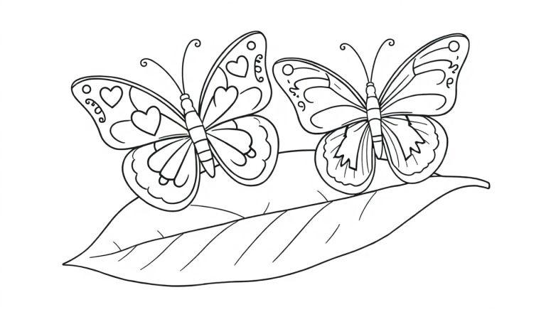 Kleurplaat van twee vlinders, een met hartjes en een met regenboogjes, op een blad.