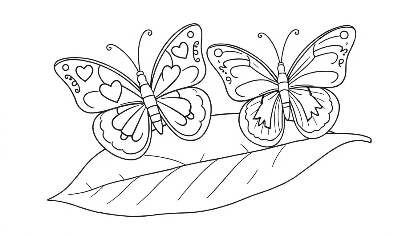 Kleurplaat van twee vlinders, een met hartjes en een met regenboogjes, op een blad.