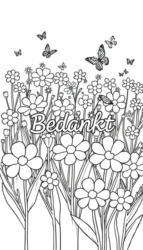 Bloemen kleurplaat met vlinders en de tekst 'Bedankt'