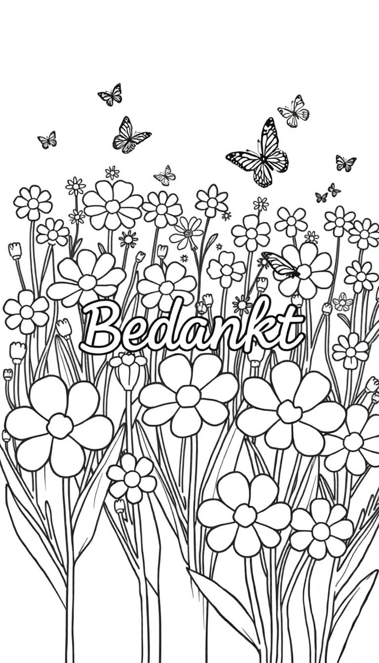 Bloemen kleurplaat met vlinders en de tekst 'Bedankt'