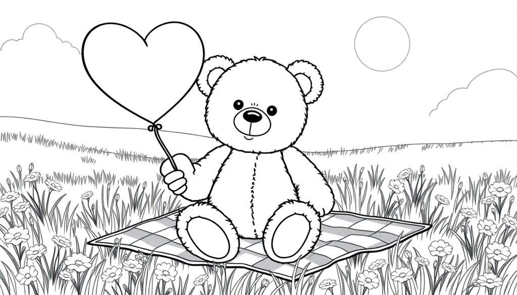 Liefdevolle beer met hartballon in een zomerse kleurplaat.