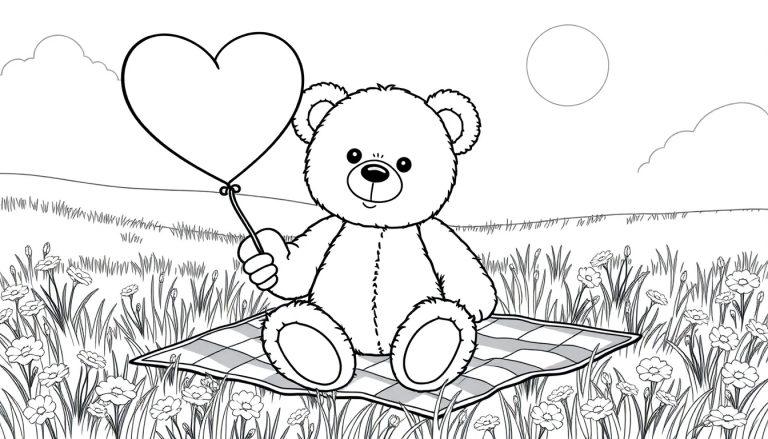 Liefdevolle beer met hartballon in een zomerse kleurplaat.