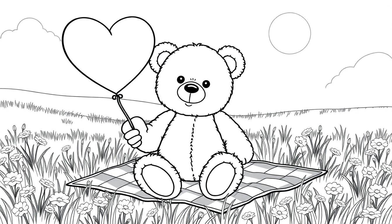 Liefdevolle beer met hartballon in een zomerse kleurplaat.