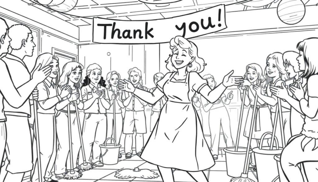 Kleurplaat van een feest voor de poetsvrouw met de tekst 'Thank you!'