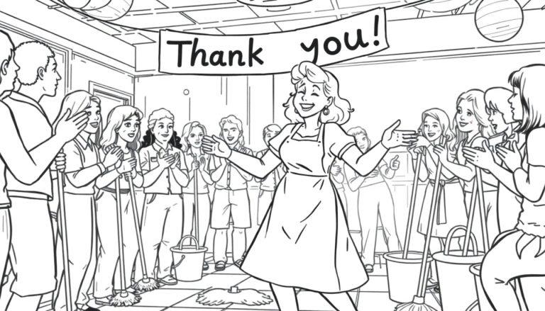 Kleurplaat van een feest voor de poetsvrouw met de tekst 'Thank you!'