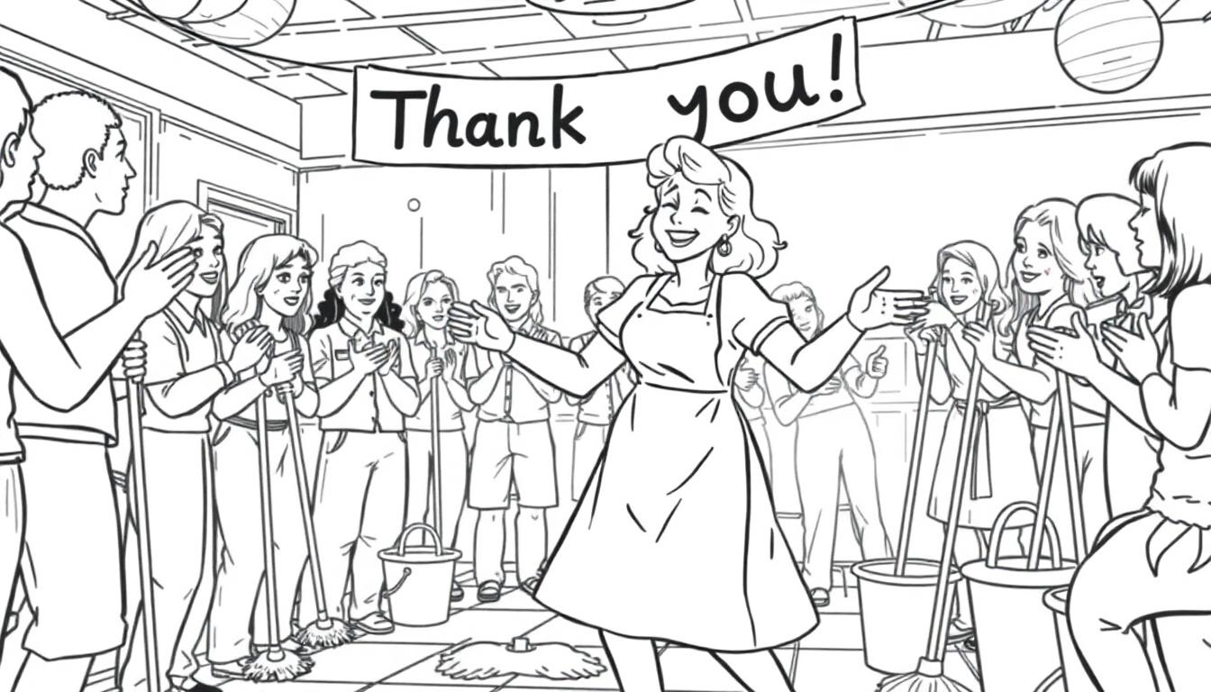 Kleurplaat van een feest voor de poetsvrouw met de tekst 'Thank you!'