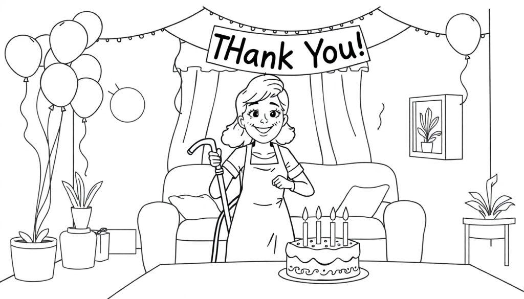 Kleurplaat van een vrolijk bedankfeest voor de poetsvrouw met taart, ballonnen en een 'Thank You!' spandoek.