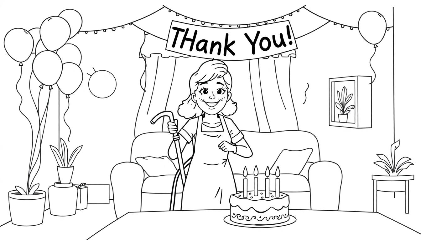 Kleurplaat van een vrolijk bedankfeest voor de poetsvrouw met taart, ballonnen en een 'Thank You!' spandoek.