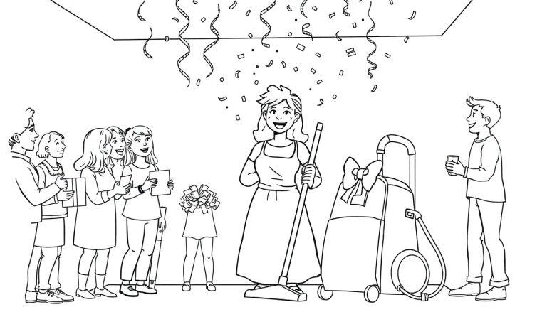 Kleurplaat van een feestje voor de poetsvrouw, met confetti en een stofzuiger met een strik.