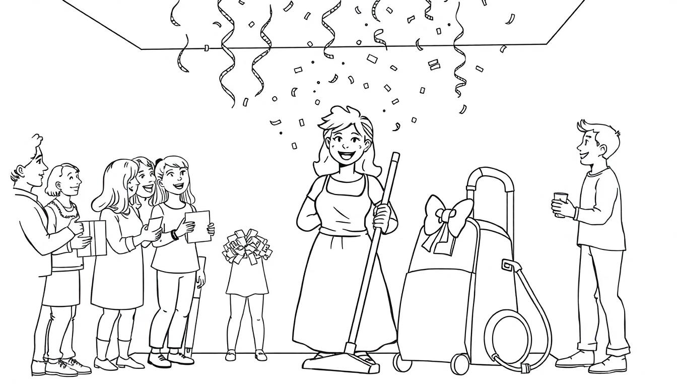 Kleurplaat van een feestje voor de poetsvrouw, met confetti en een stofzuiger met een strik.