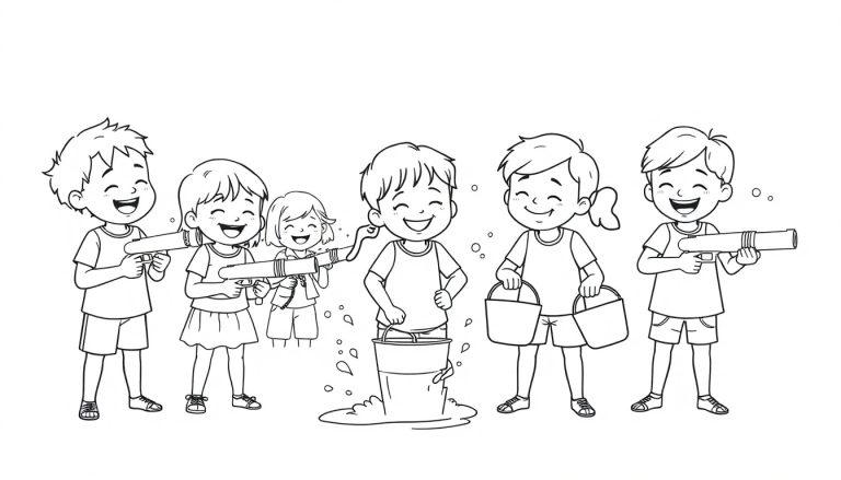 Kleurplaat van vrolijke kinderen die waterpret hebben op een warme zomerdag.