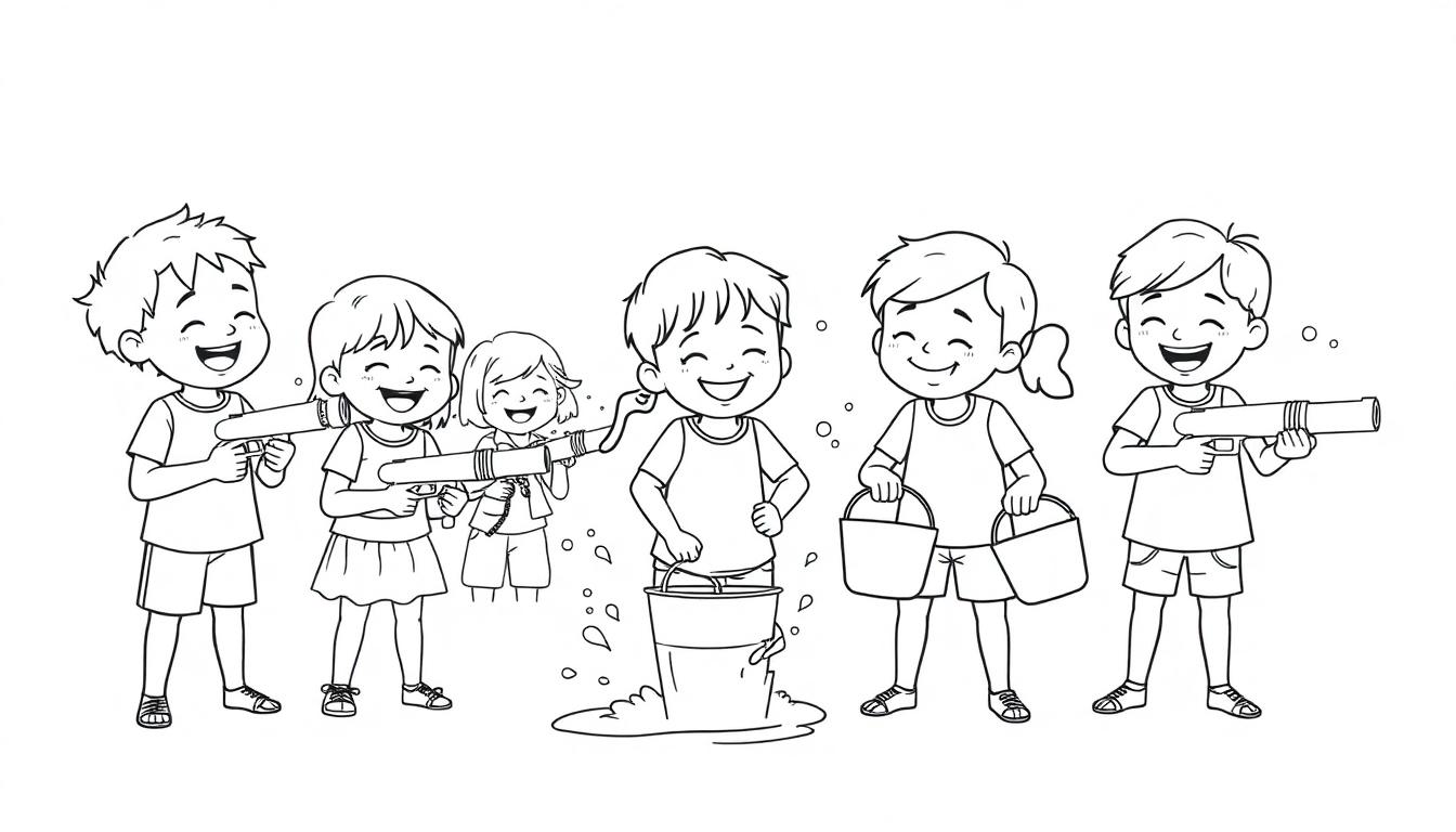 Kleurplaat van vrolijke kinderen die waterpret hebben op een warme zomerdag.