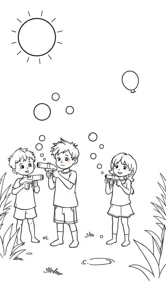 Zomerse kleurplaat van spelende kinderen met waterpistolen en bellenblaas.