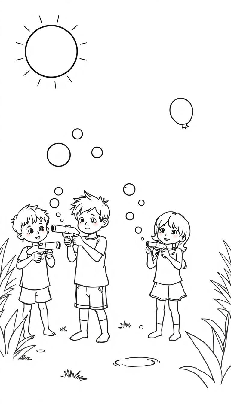 Zomerse kleurplaat van spelende kinderen met waterpistolen en bellenblaas.
