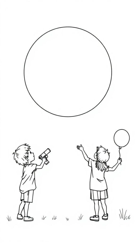 Kleurplaat van kinderen met waterpistool en ballon in de zomerhitte.