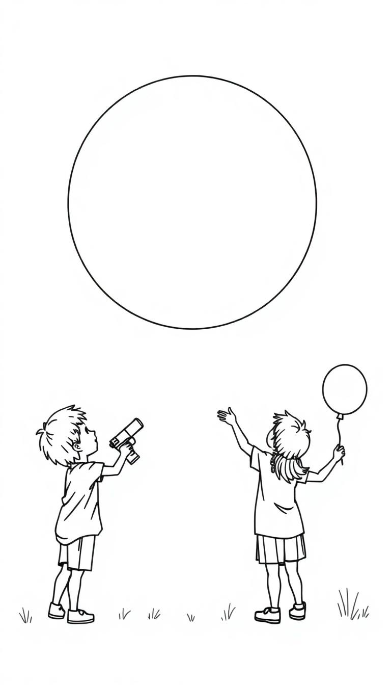 Kleurplaat van kinderen met waterpistool en ballon in de zomerhitte.