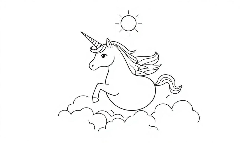 Kleurplaat van een eenhoorn die op wolken springt met een zonnetje erboven.