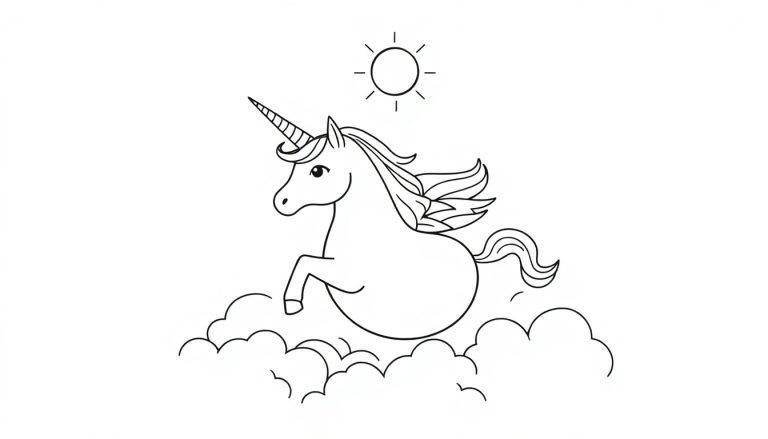 Kleurplaat van een eenhoorn die op wolken springt met een zonnetje erboven.