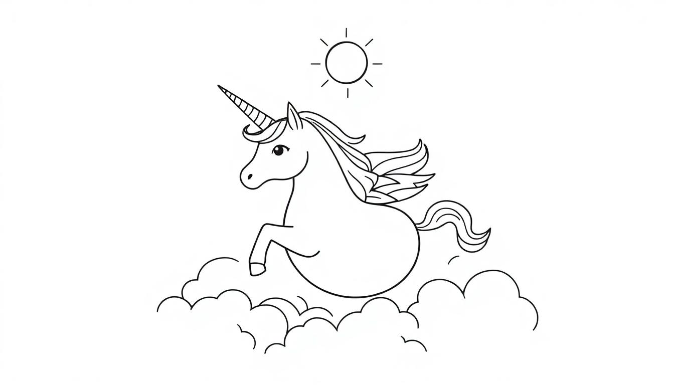 Kleurplaat van een eenhoorn die op wolken springt met een zonnetje erboven.