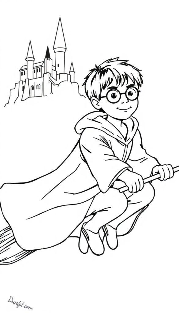 Harry Potter kleurplaat met Zweinstein op de achtergrond