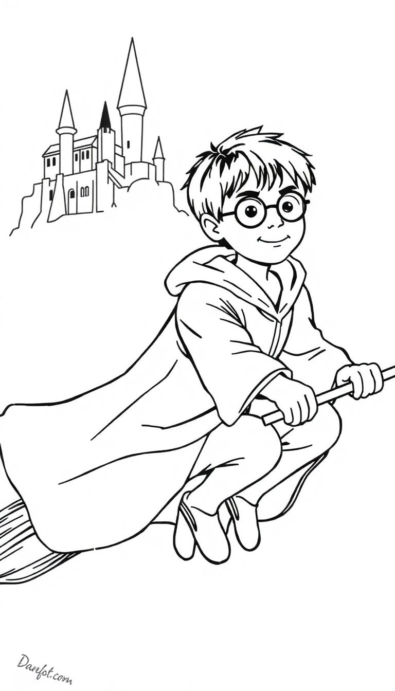 Harry Potter kleurplaat met Zweinstein op de achtergrond