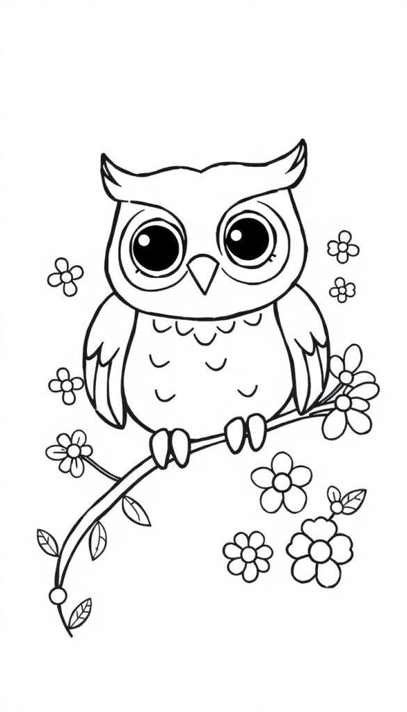 Vrolijke uil kleurplaat op een tak met bloemen.