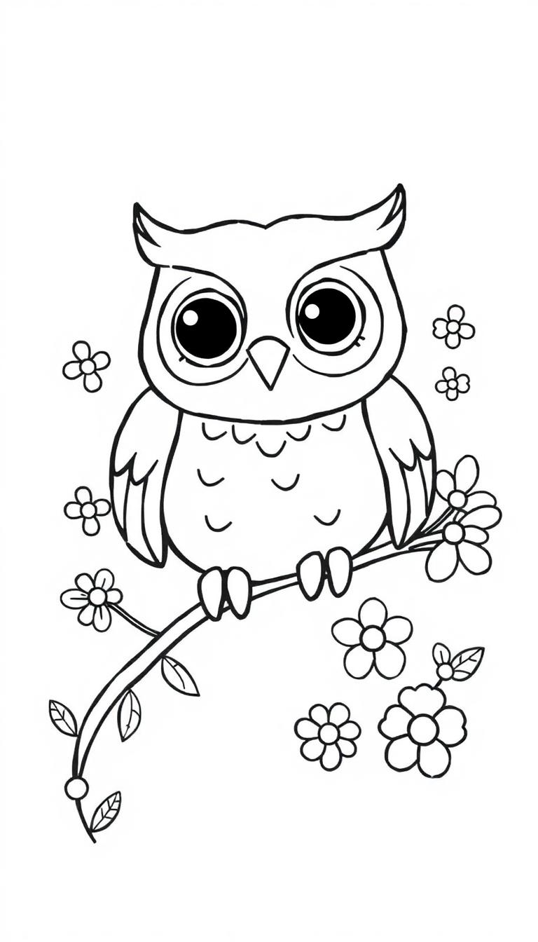 Vrolijke uil kleurplaat op een tak met bloemen.