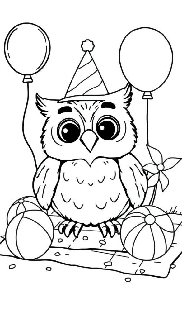 Vrolijke uil met feesthoed en ballonnen, klaar om ingekleurd te worden als kleurplaat.