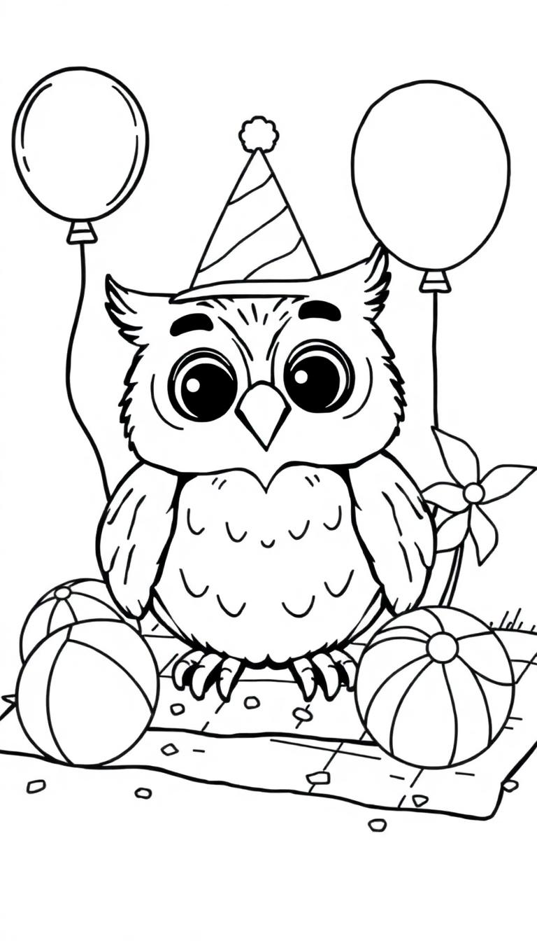 Vrolijke uil met feesthoed en ballonnen, klaar om ingekleurd te worden als kleurplaat.