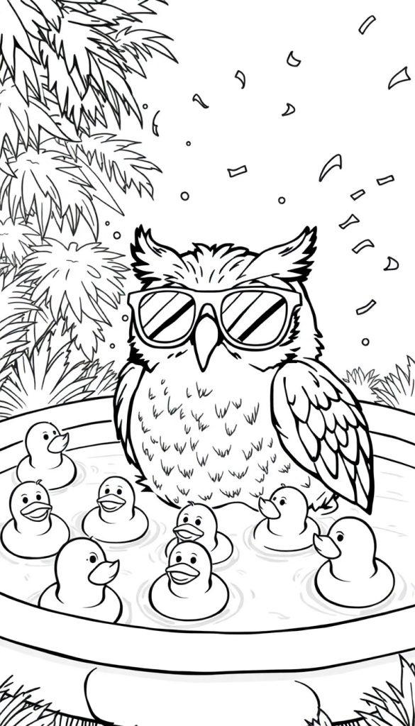 Vrolijke uil met zonnebril in zwembad met eendjes kleurplaat.