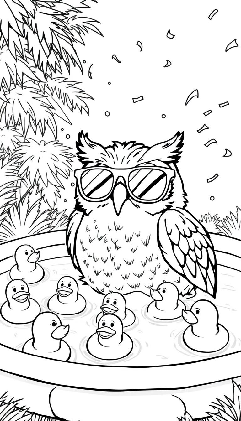 Vrolijke uil met zonnebril in zwembad met eendjes kleurplaat.