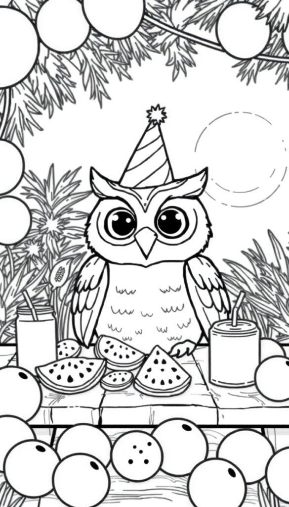 Vrolijke uil kleurplaat met feestmuts en fruit.