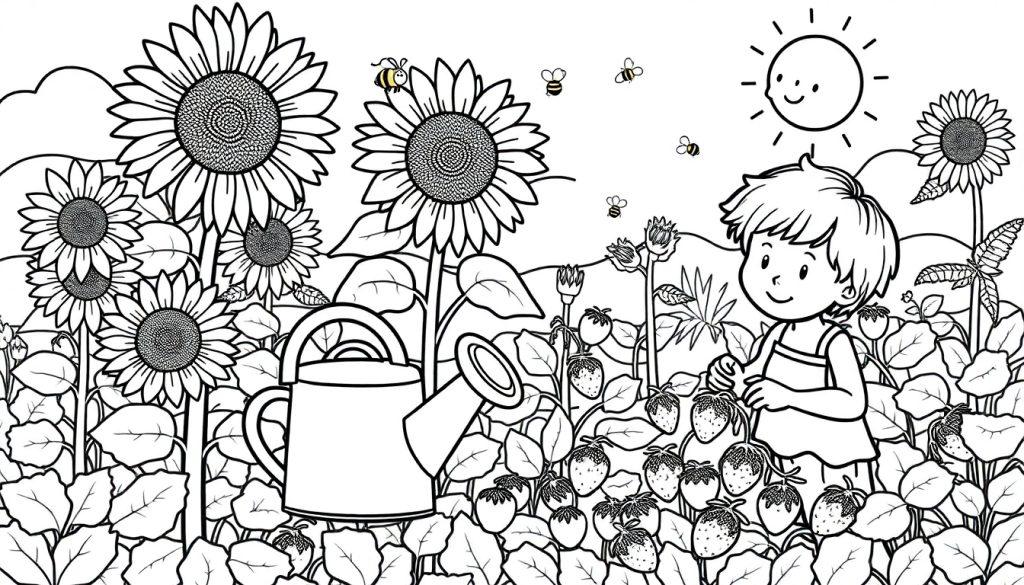 Zomerse tuin kleurplaat met zonnebloemen, meisje, bijen en aardbeien.