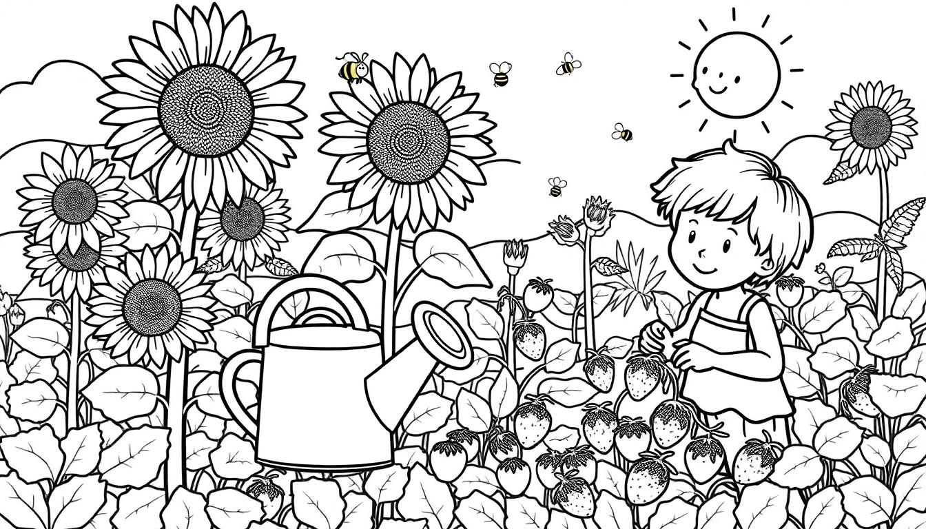 Zomerse tuin kleurplaat met zonnebloemen, meisje, bijen en aardbeien.