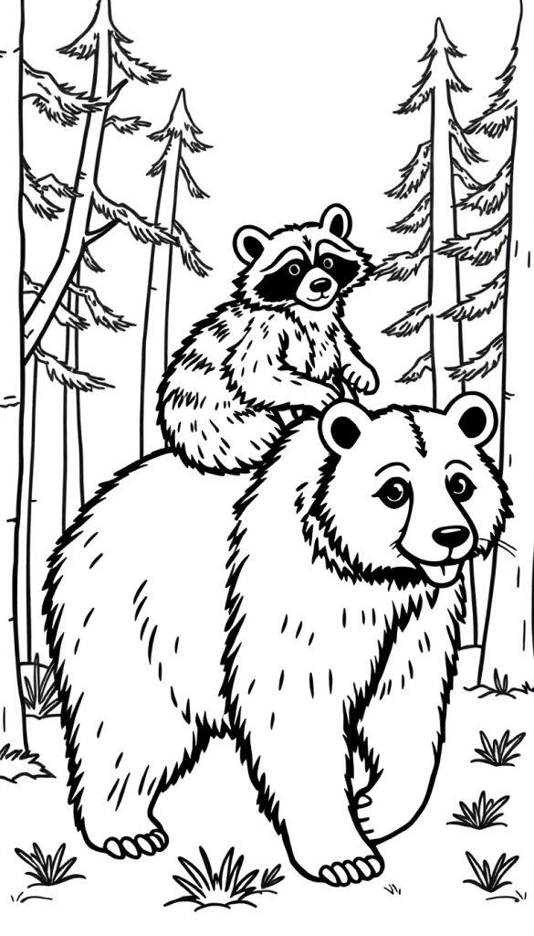 Kleurplaat van een beer met een wasbeer op zijn rug.