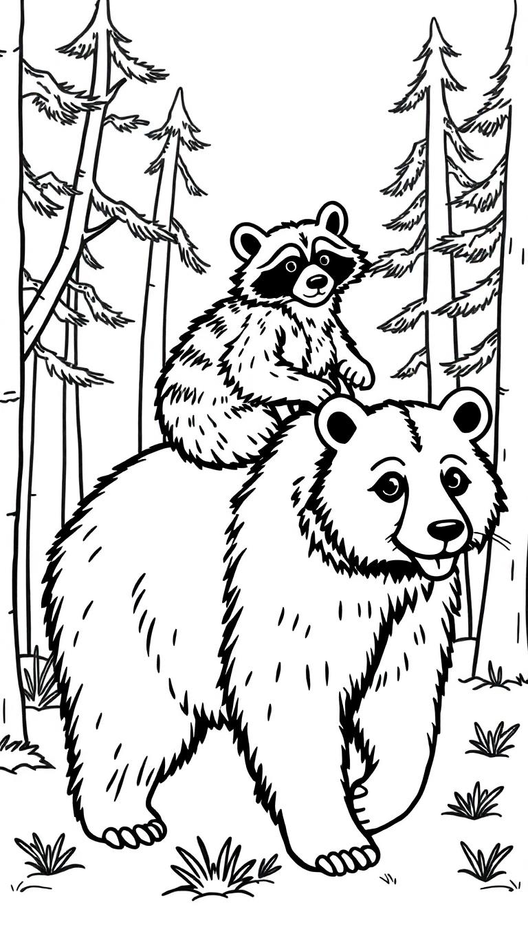 Kleurplaat van een beer met een wasbeer op zijn rug.