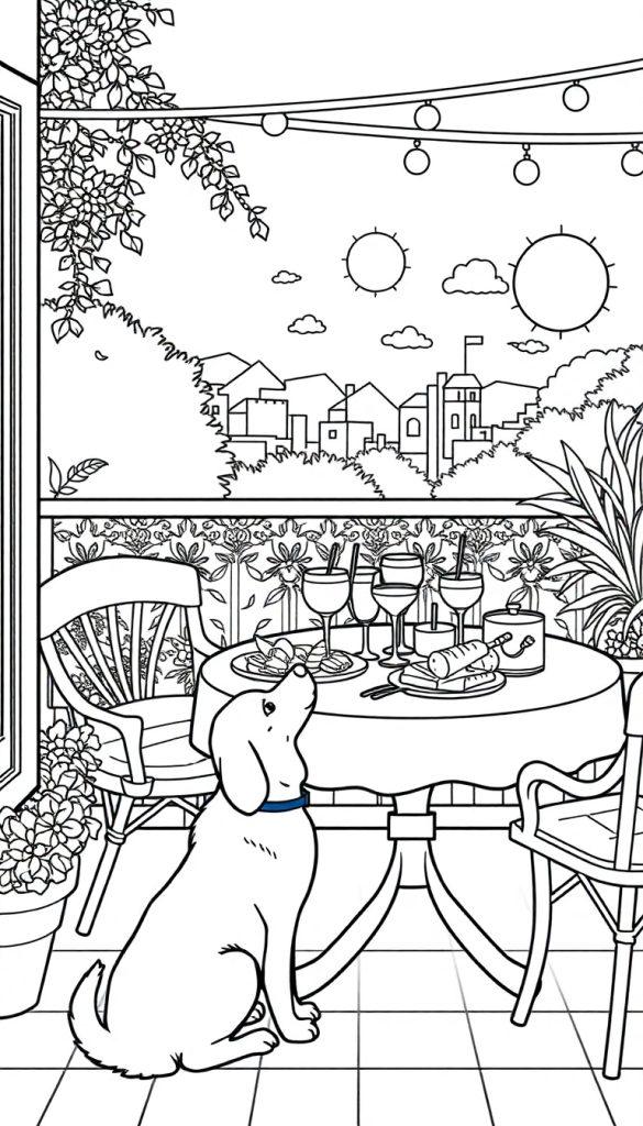 Kleurplaat van een terras met drankjes, hapjes en een hond.